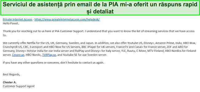 Captură de ecran a unui răspuns de la asistența prin e-mail PIA VPN.