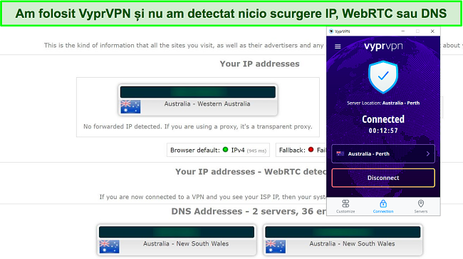 Captură de ecran a unui test de scurgeri IP și DNS efectuat pe un server VyprVPN