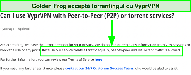Captură de ecran a unei întrebări frecvente pe site-ul web VyprVPN