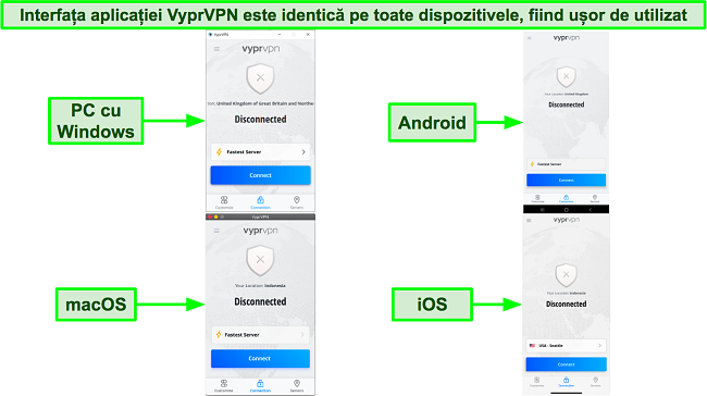 Capturi de ecran ale interfeței aplicației VyprVPN pe PC Windows, Android, macOS și iOS