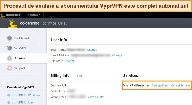 Captură de ecran a setărilor contului VyprVPN