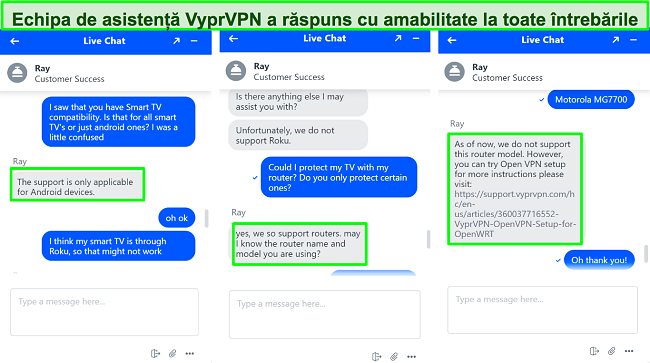 Capturi de ecran ale chatului live VyprVPN