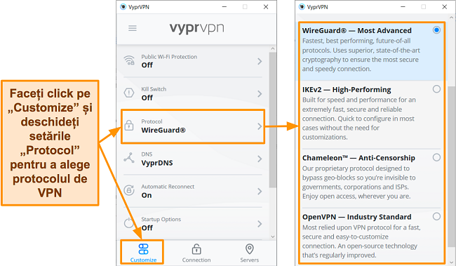 Captură de ecran a opțiunilor de protocol VyprVPN