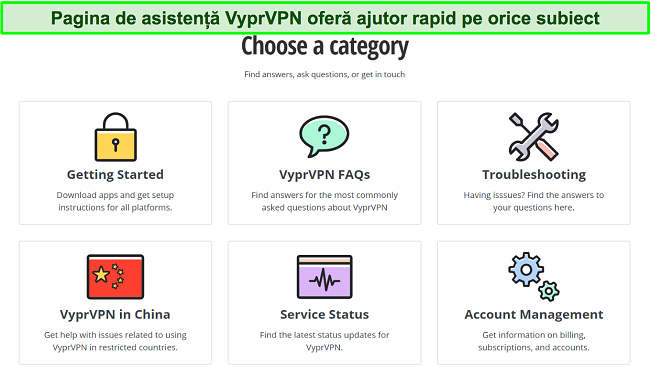 Captură de ecran a paginii de asistență VyprVPN