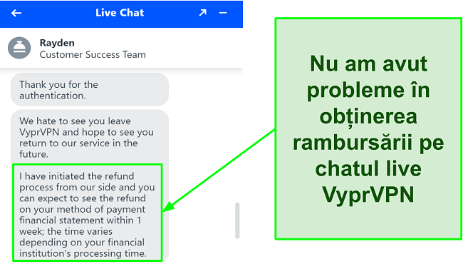 Captură de ecran a agentului de chat live VyprVPN 24/7 care aprobă o solicitare de rambursare
