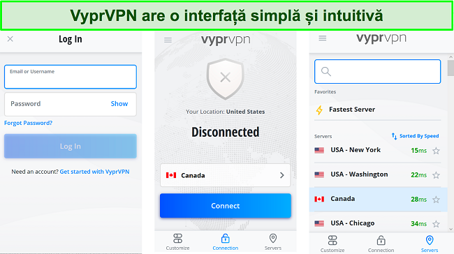 Capturi de ecran ale interfeței de utilizator a aplicației VyprVPN