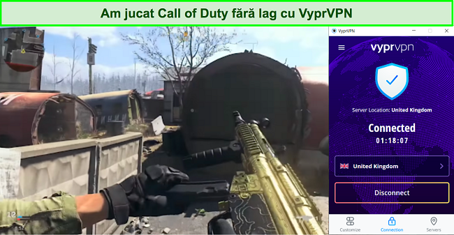 Captură de ecran a VyprVPN care lucrează cu Call of Duty