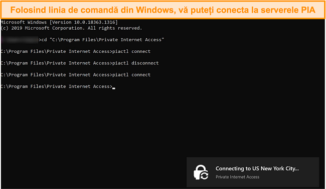Captură de ecran a conectării la PIA prin linia de comandă Windows.