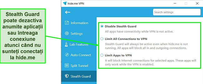 Captură de ecran a setărilor Stealth Guard în aplicația Windows hide.me