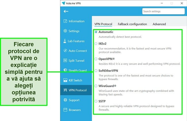 Captură de ecran a listei de protocoale VPN a hide.me