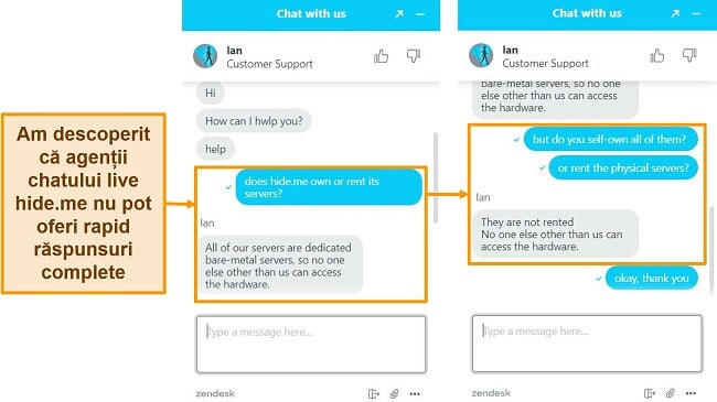 Capturi de ecran ale unei conversații prin chat live cu un agent hide.me