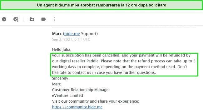 Captură de ecran a unui e-mail care aprobă o rambursare de la hide.me