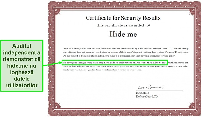 Captură de ecran a certificatului de securitate acordat hide.me pentru a confirma politica sa de interzicere a înregistrării