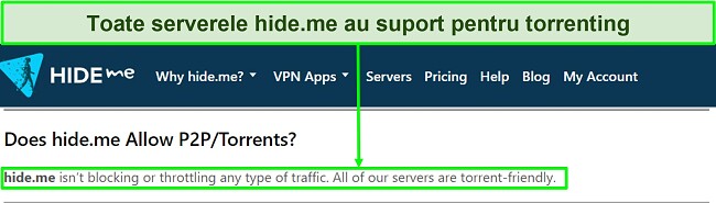 Captură de ecran a întrebărilor frecvente de la hide.me care confirmă că VPN acceptă torrentul