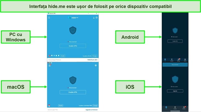 Capturi de ecran ale interfeței aplicației hide.me pe Windows, Android, macOS și iOS