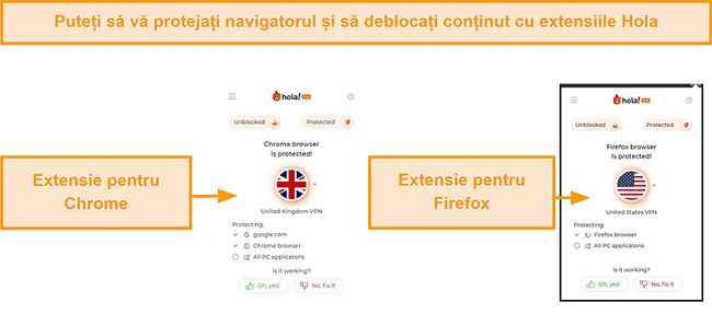 Captură de ecran a extensiilor de browser Chrome și Firefox ale Hola VPN