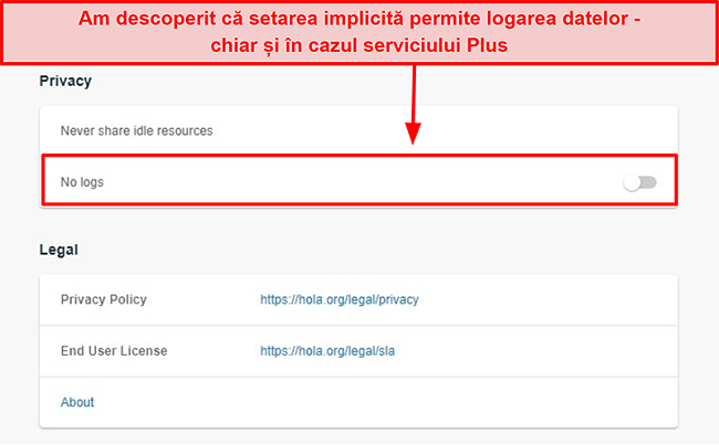 Captură de ecran a setării fără jurnale a Hola VPN