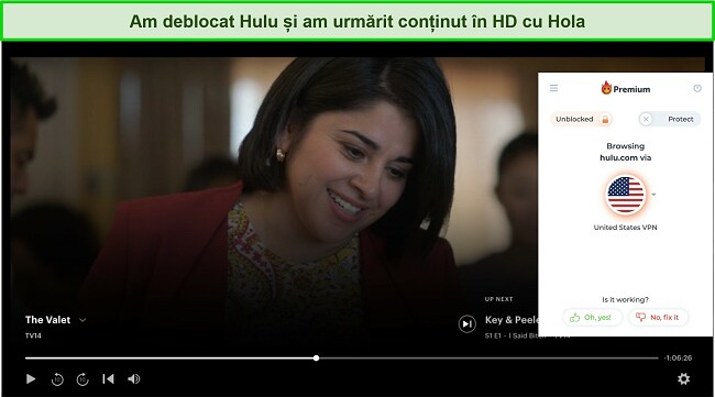 Captură de ecran cu Hola deblocând Hulu