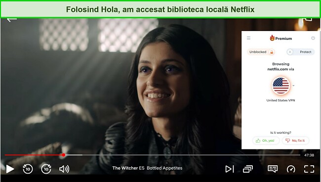 O captură de ecran cu Hola lucrând cu Netflix