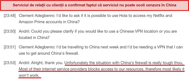 Captură de ecran a răspunsului de asistență pentru clienți despre ineficiența Hola VPN în China