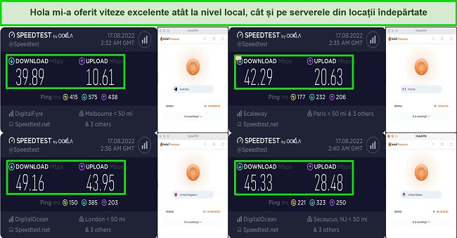 Captură de ecran a testelor de viteză a serverului pe Hola VPN