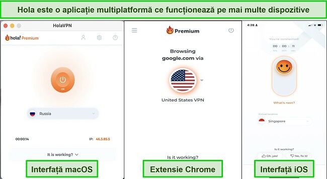 Captură de ecran a interfeței Hola VPN pe dispozitive compatibile