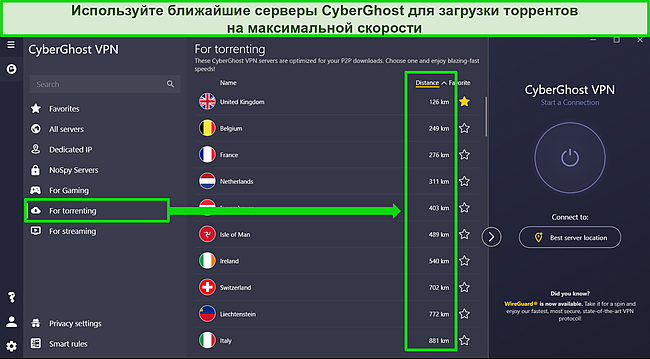 Скриншот приложения CyberGhost для Windows с оптимизированным списком торрент-серверов, отсортированным по расстоянию.