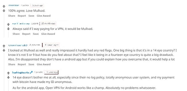 Screenshot of MulladVPN's positive user review comments on Reddit