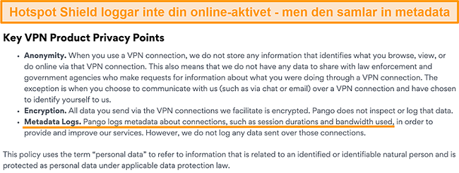 Skärmdump av Hotspot Shields sekretesspolicy