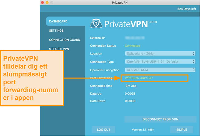 Skärmdump av PrivateVPN med port vidarebefordran nummer synligt i Mac-appen