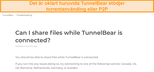 Skärmdump av TunnelBears felsökningssida om fildelning