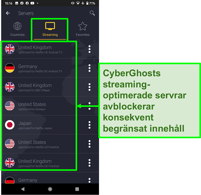 Skärmdump av CyberGhosts strömoptimerade servrar