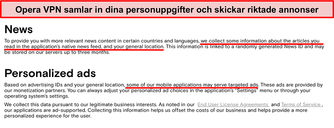 Skärmdump av Opera VPNs sekretesspolicy som visar den loggar användarens personliga information och skickar riktade annonser