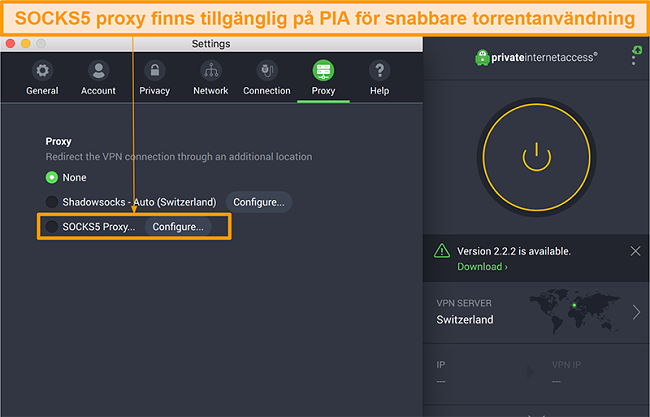 Skärmdump av PIA-appgränssnitt som visar SOCKS5-proxyalternativ i inställningar