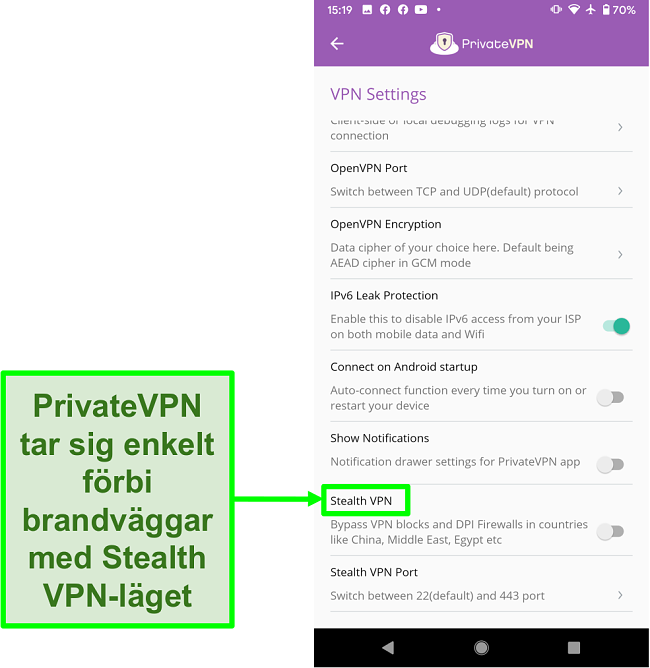 Skärmdump av PrivateVPN Android-app som visar Stealth VPN-funktion som hjälper till att kringgå VPN-block