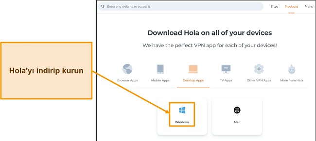Hola VPN web sitesinin uygulama indirme bölümünün ekran görüntüsü