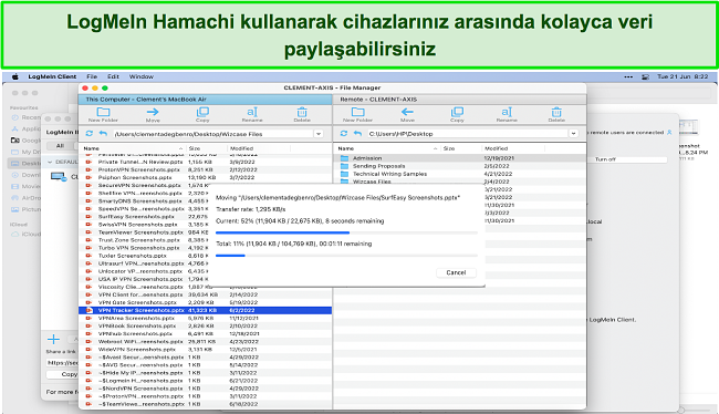 Mac ve Windows aygıtlarım arasında dosya paylaşmak için kullanılan LogMeIn Hamachi'nin ekran görüntüsü