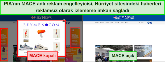 Özel İnternet Erişimi MACE'nin Hürriyet haber sitesindeki reklamları kaldırmasının ekran görüntüsü
