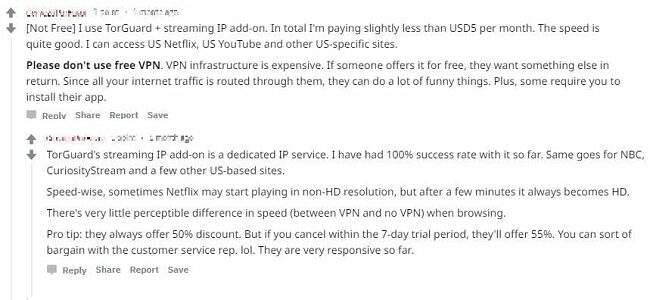 Screenshot of TorGuard VPN's positive user review comments on Reddit about TorGuard VPN's availability to unblock US streaming services, good speed, and often discount