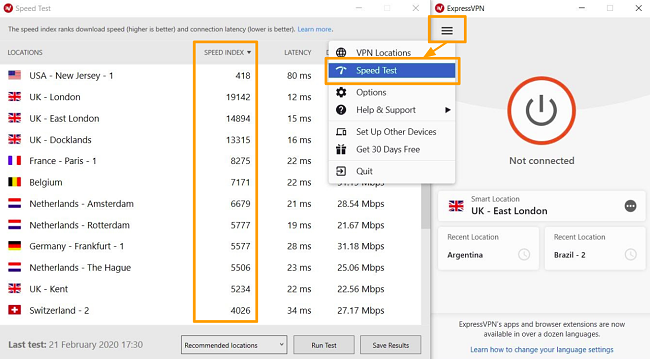 Snimka zaslona rezultata ispitivanja brzine ExpressVPN.