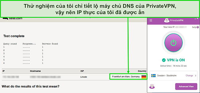 Ảnh chụp màn hình kiểm tra rò rỉ DNS cho thấy một máy chủ DNS ở Đức trong khi được kết nối với máy chủ PrivateVPN ở Thụy Điển.