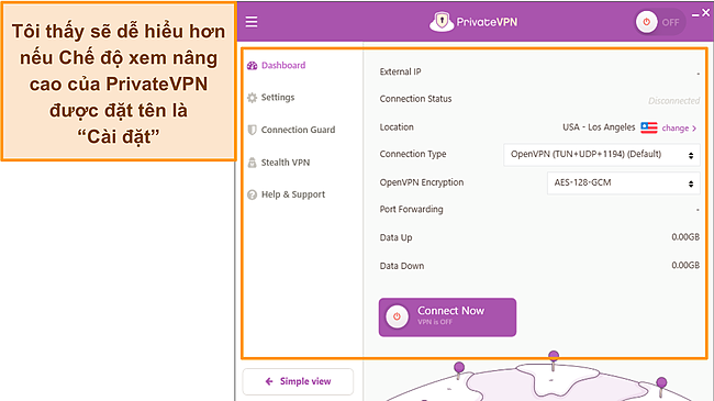 Ảnh chụp màn hình Chế độ xem nâng cao và Chế độ xem đơn giản của PrivateVPN trong Windows.