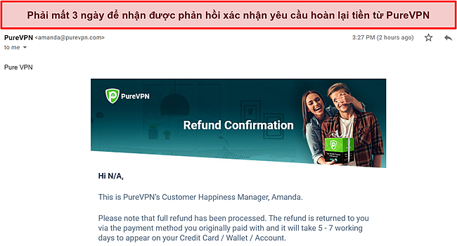 Ảnh chụp màn hình phản hồi email từ nhóm thanh toán của PureVPN xác nhận yêu cầu hoàn lại tiền.