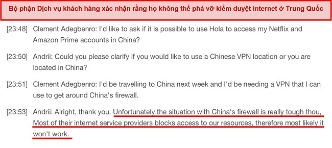 Ảnh chụp màn hình phản hồi của bộ phận hỗ trợ khách hàng về sự kém hiệu quả của Hola VPN tại Trung Quốc