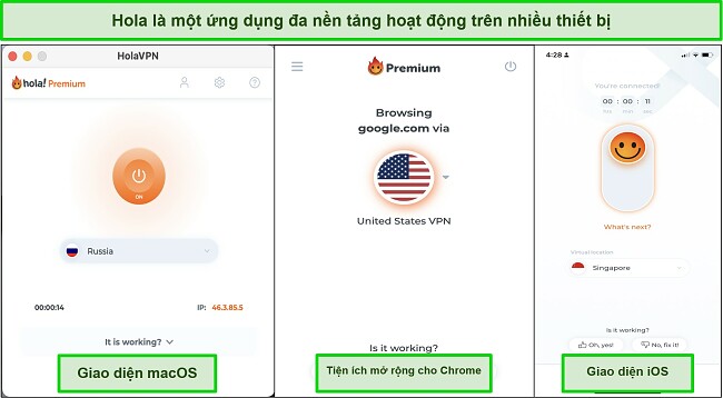 Ảnh chụp màn hình giao diện Hola VPN trên các thiết bị tương thích