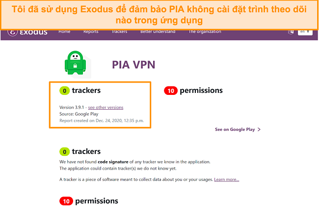 Ảnh chụp màn hình của công cụ Exodus, cho thấy không có trình theo dõi nào được cài đặt trên phần mềm của PIA