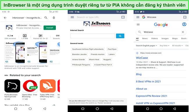 Ảnh chụp màn hình ứng dụng InBrowser của PIA dành cho Android