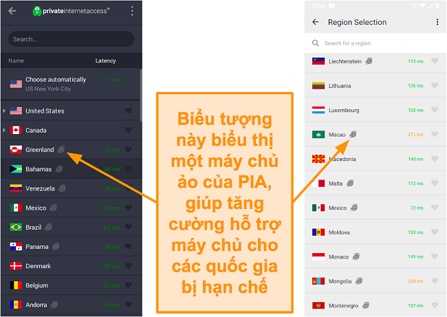 Ảnh chụp màn hình ứng dụng khách máy tính để bàn PIA và chương trình Android, hiển thị các máy chủ được định vị địa lý