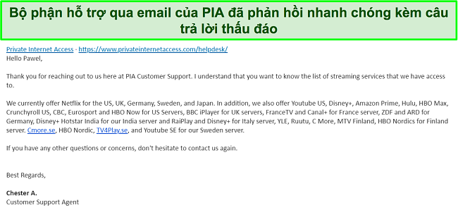 Ảnh chụp màn hình trả lời từ hỗ trợ email PIA VPN.