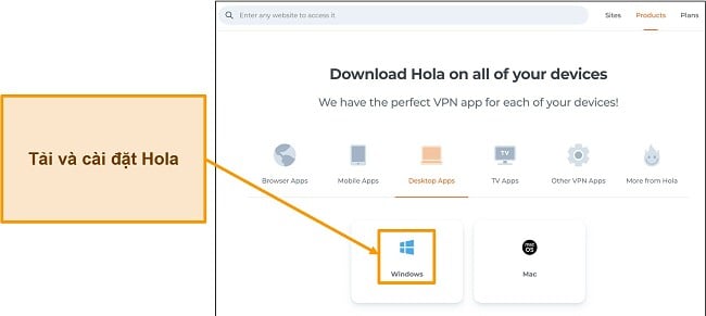 Ảnh chụp màn hình phần tải xuống ứng dụng của trang web Hola VPN